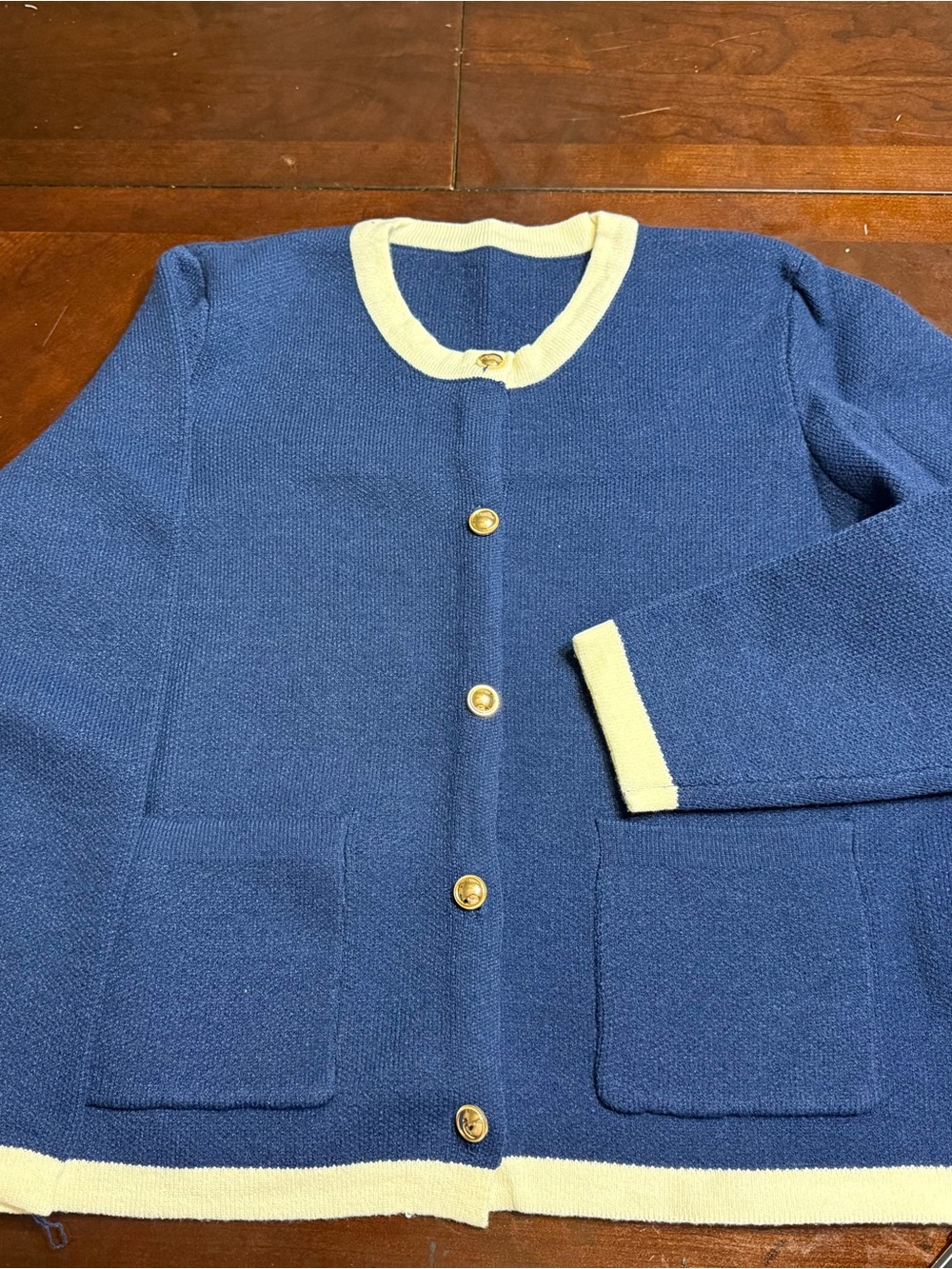 Zaful Navy and Cream Contrast Trim Knit Cardigan